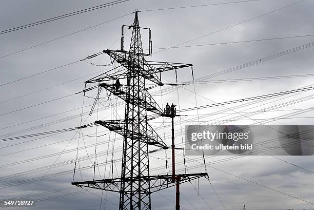 In order of the company RWE, workers on a hogh-voltage mast of RWE AG