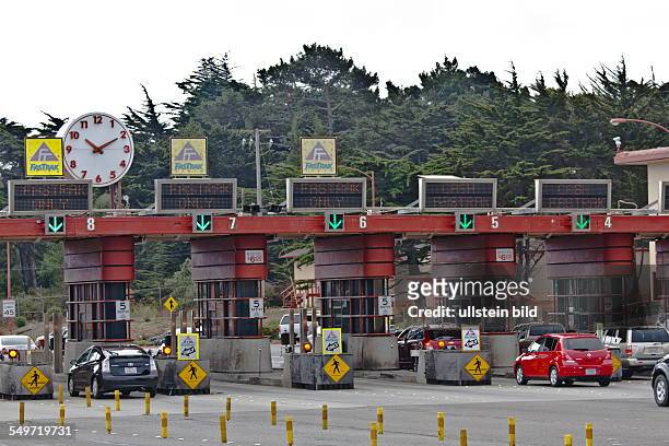 Pay booths at Golden Gate Bridge in San Francisco California USA