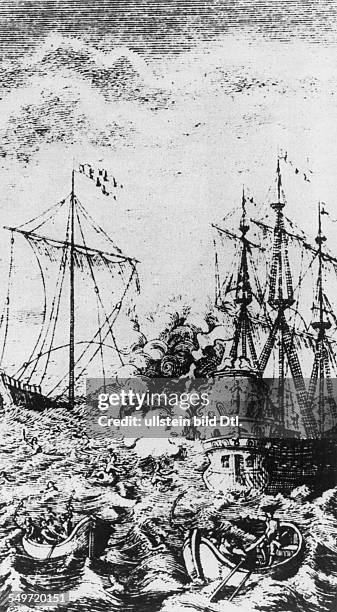 Spanish merchant vessel sinking a buccaneer ship - engraving around 1700