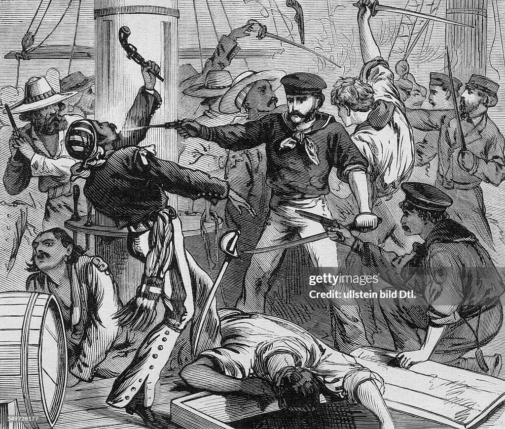 Mexican pirates raiding the American ship "The Bark Brothers"