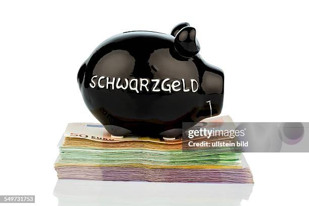 Schwarzes Sparschwein auf Geldscheinen, Symbolfoto für Schwarzgeld, Steuerbetrug und Geldwäsche