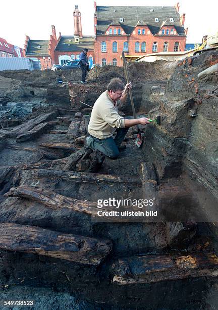 Die Grabungshelfer legt die grossflaechige Holzlage aus der Zeit vor 1250 in der Greifswalder Innenstadt frei. Die Archaeologen graben sich etwa 2,50...