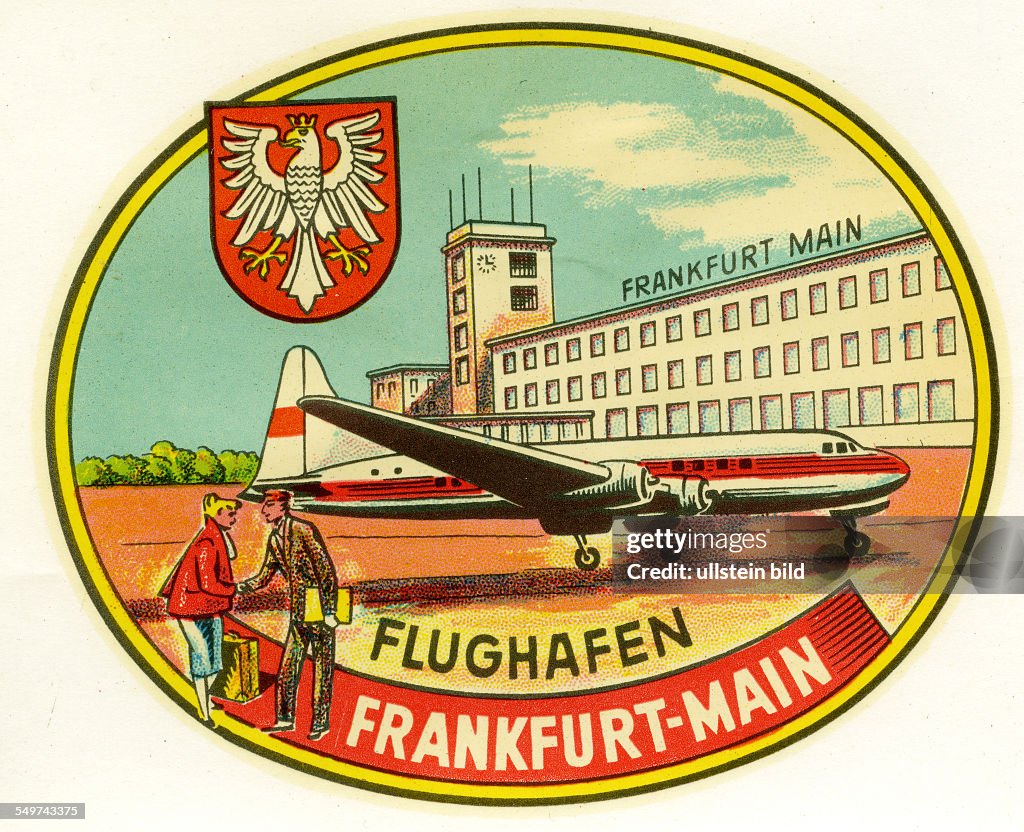 GER, Deutschland, 20111210, Flughafen Frankfurt am Main,Alter historischer Kofferaufkleber aus den fuenfziger Jahren