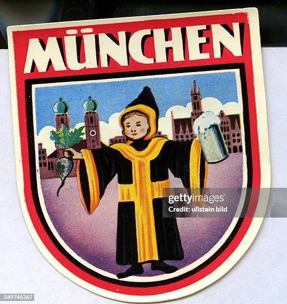 Deutschland Muenchen, München, Bayern,Alter historischer Kofferaufkleber aus den fuenfziger Jahren