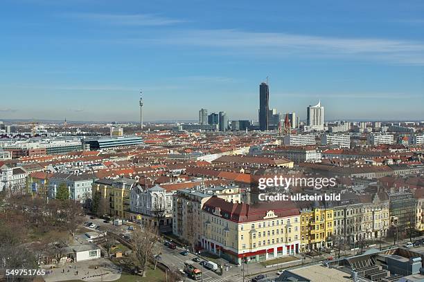 Wien. Blick von Westen auf das Vienna International Centre und das Austria Center Vienna im 22. Bezirk Donaustadt Wien, Österreich,