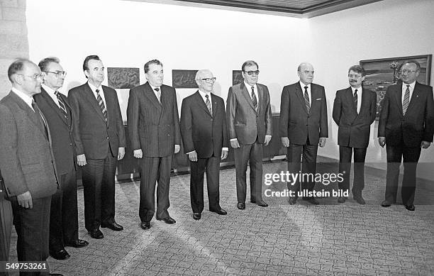 Foreign secretaries of the Warsaw Treaty Organisation discussing nuclear disarmament, meeting in Doellnsee at the private residence of Erich...