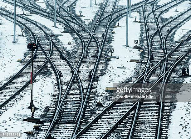 Points and tracks of the Deutsche Bahn AG in the winter, Germany, Europe.