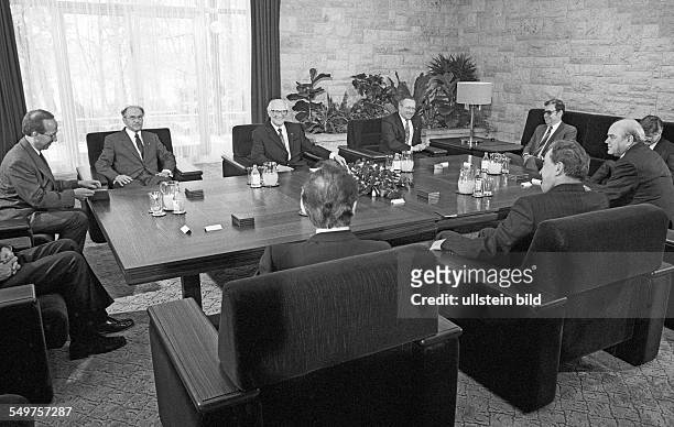 Foreign secretaries of the Warsaw Treaty Organisation discussing nuclear disarmament, meeting in Doellnsee at the private residence of Erich...