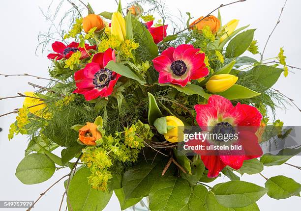 Ein bunter Strauß mit Frühlingsblumen auf weißem Hintergrund.