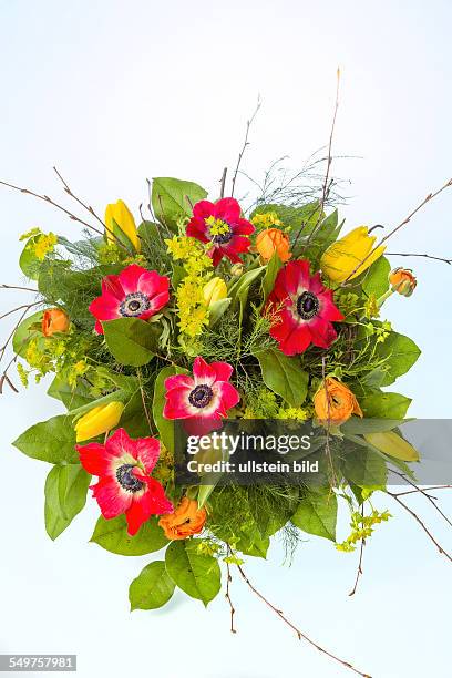 Ein bunter Strauß mit Frühlingsblumen auf weißem Hintergrund.