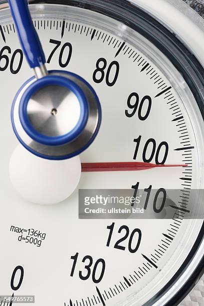 Stethoskop und Waage, Symbolfoto für Gewicht, Diät und Herzkrankheiten