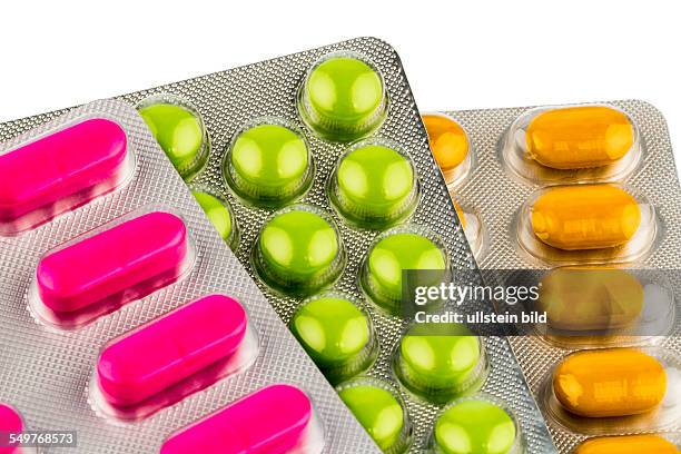 Bunte Tabletten in Blisterverpackung, Symbolfoto für Heilmittel und Gesundheitswesen