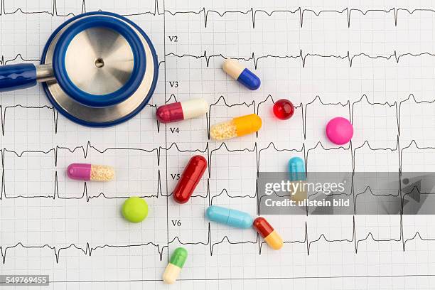 Mehrere Tabletten liegen auf einem EKG. Symbolfoto für Erkrankungen von Herz und Kreislauf