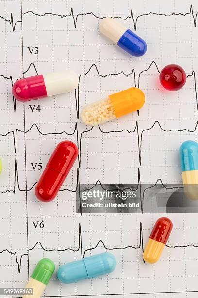 Mehrere Tabletten liegen auf einem EKG. Symbolfoto für Erkrankungen von Herz und Kreislauf