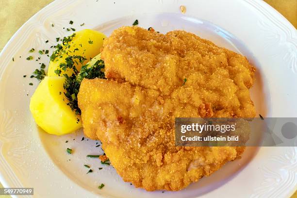 Ein Wienerschnitzel mit Kartoffeln liegt auf einem Teller.
