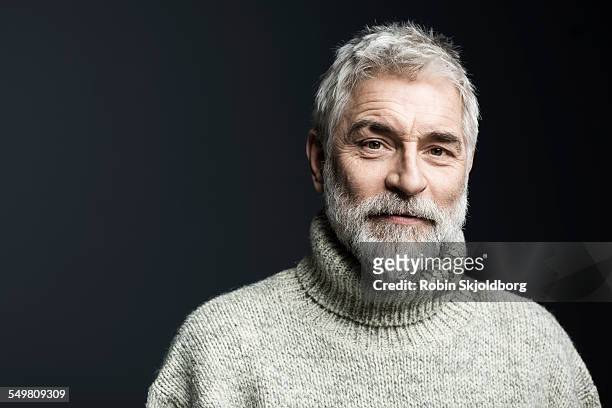portrait of mature grey haired man in sweater - male portrait studio ストックフォトと画像