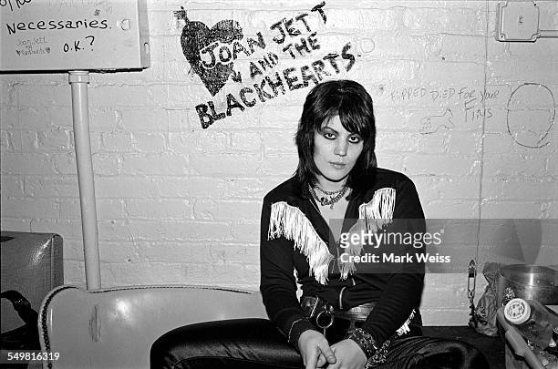 American singer-songwriter and guitarist Joan Jett, backstage in New York, 1981.