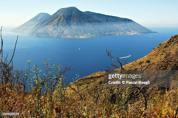 salina island from lipari island - sicily - aeolian islands stockfoto's en -beelden