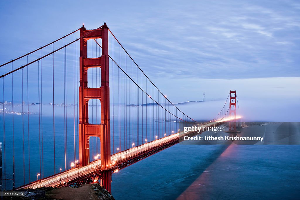 Golden Gate Bridge and evening fog