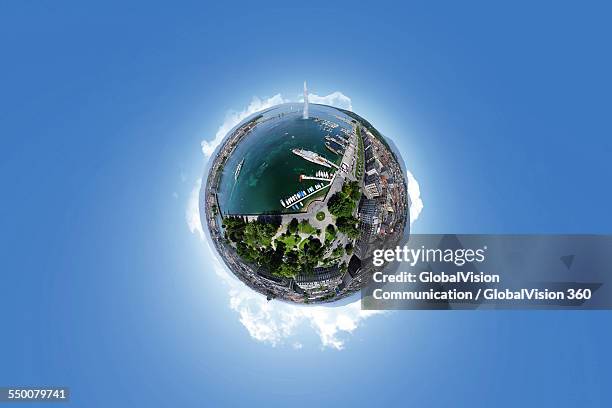 360° aerial panorama of jet d'eau geneva - geneva switzerland stock pictures, royalty-free photos & images