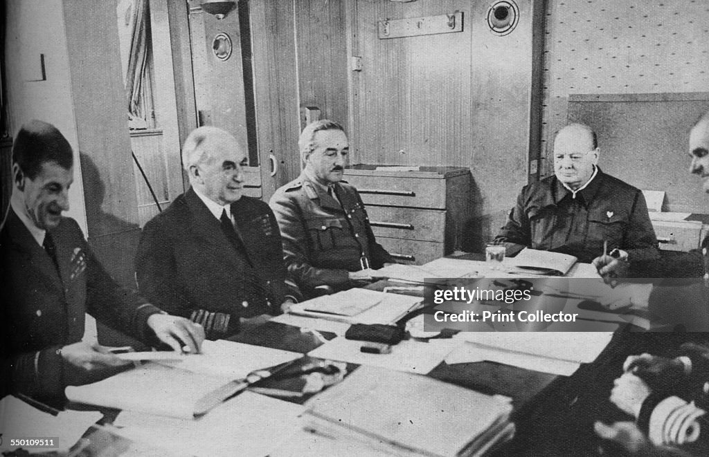 'Mr Churchill At A Conference On Board Ship', 1943-1944. Artist: Unknown.