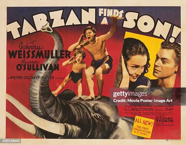 Poster for Richard Thorpe's 1939 action film 'Tarzan Finds a Son!' starring Johnny Weissmuller, Maureen O'Sullivan, and Johnny Sheffield.