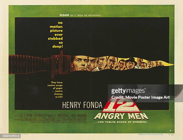 Poster for Sidney Lumet's 1957 drama '12 Angry Men' starring Henry Fonda, Lee J. Cobb, Martin Balsam, John Fiedler, E.G. Marshall, Jack Klugman,...