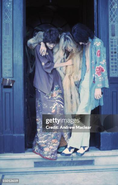 Michele Breton , Anita Pallenberg and Mick Jagger on the set of Donald Cammell and Nicolas Roeg's psychological thriller, 'Performance', 1968.