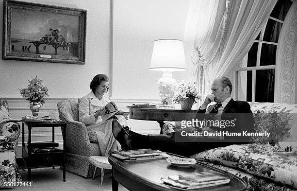 President Gerald R Ford and First Lady Betty Ford in the 2nd floor family quarters of the White House as he ponders his decision to order the final...