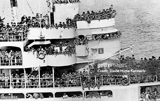 The Pioneer Commander, a US ship carries thousands of Vietnamese soldiers who had hijacked the vessel from Da Nang in front of the advancing...