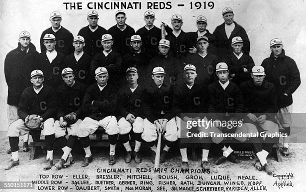 The World Champion Cincinnati Reds pose for a team portrait in the Palace of the Fans, Cincinnati, Ohio, 1919.