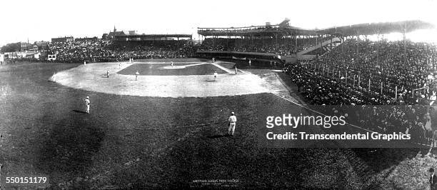 This panoramic photo shows the Boston Red Sox in action against the White Sox, Chicago, Illinois, August 19, 1904.