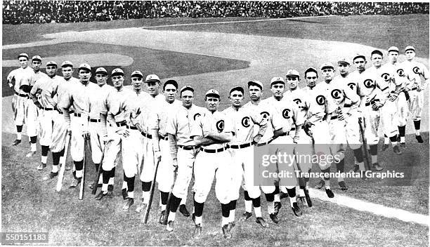 This panoramic collage photo shows the players of the Chicago Cubs Baseball Club, Chicago, Illinois, 1910.