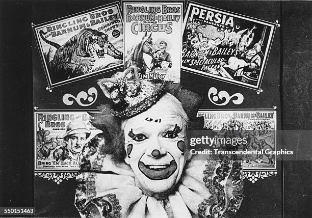 Publicity photograph for the Ringling Brothers & Barnum and Bailey circus shows a collage of posters surrounding a clown, Winter Haven, Florida,...