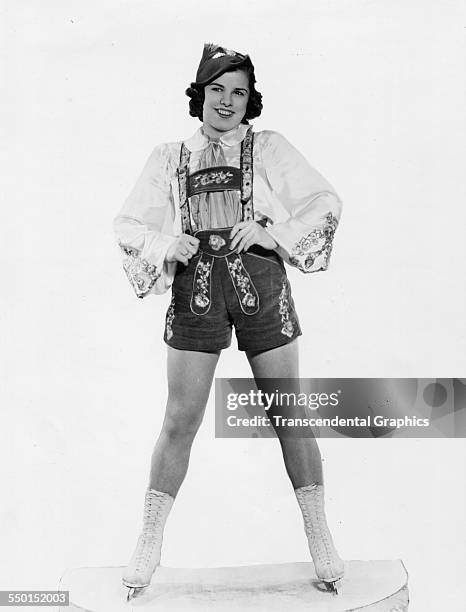Publicity photograph, by the Scotty Bjurstrom Agency, of Marie Atwood, performer with the Ice Capades, Chicago, Illinois, circa 1940.