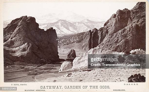 Cabinet photograph features a view of the Garden of the Gods and Pikes Peak, near Colorado Springs, Colorado, circa 1880.