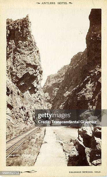 Cabinet photograph promoting the Antlers Hotel features a view of the Royal Gorge, near Colorado Springs, Colorado, circa 1880.