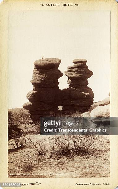 Cabinet photograph promoting the Antlers Hotel features a rock outcropping in the Garden of the Gods, Colorado Springs, Colorado, circa 1880.