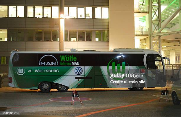 Sports, football, Bundesliga, 2012/2013, Borussia Moenchengladbach versus VfL Wolfsburg 2:0, Stadium Borussia Park in Moenchengladbach, team bus of...