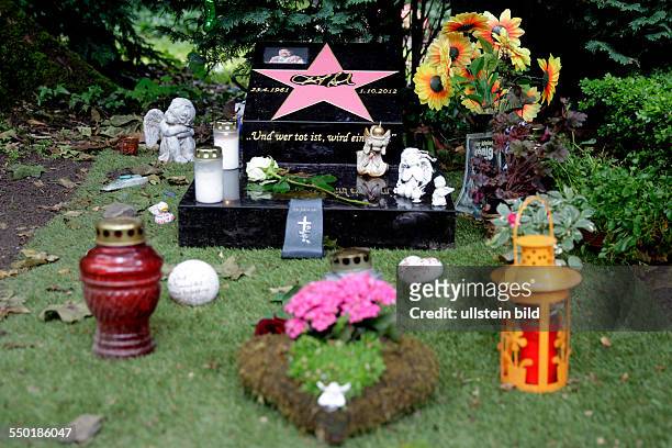 Dirk Bach Grabstätte auf dem kölner Melatenfriedhof mit einem neuen Grabstein mit der Aufschrift "Und wer tot ist, wird ein Stern...". Diesen Text...