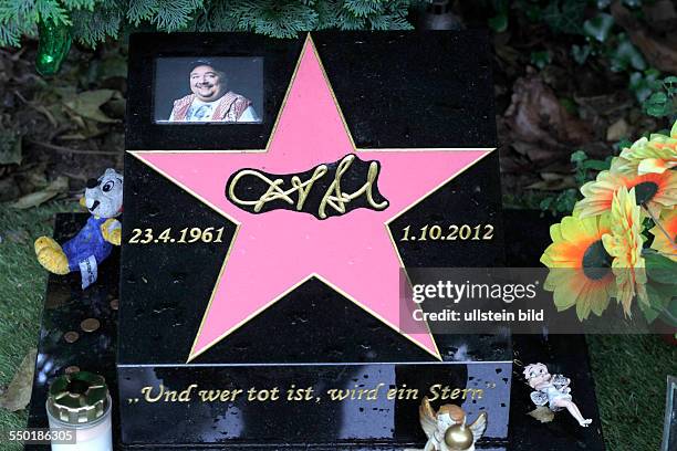 Dirk Bach Grabstätte auf dem kölner Melatenfriedhof mit einem neuen Grabstein mit der Aufschrift "Und wer tot ist, wird ein Stern...". Diesen Text...