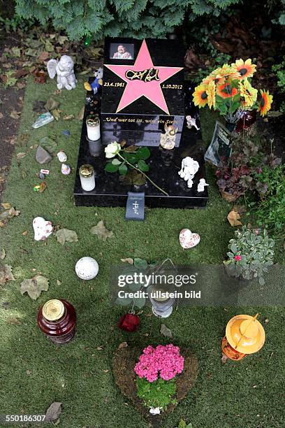 Dirk Bach Grabstätte auf dem kölner Melatenfriedhof mit einem neuen Grabstein mit der Aufschrift "Und wer tot ist, wird ein Stern...". Diesen Text...