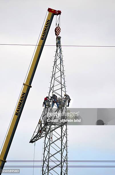 In order of the company RWE, workers on a high-voltage mast of RWE AG