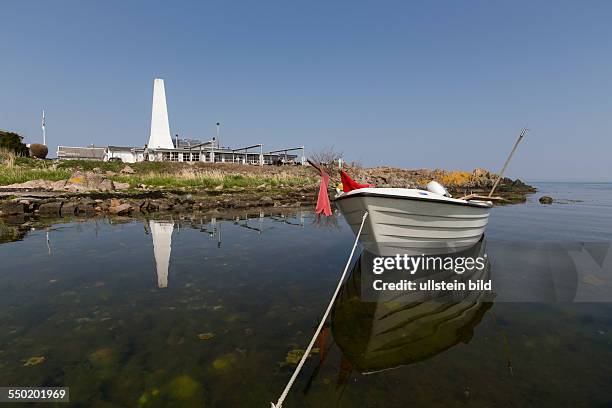 Nordbolmholms røgeri, fish smoke house and restaurant, at the Baltic coast with a fishing boat.