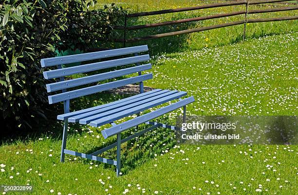 Taubenblaue Gartenbank in Frühlingswiese lädt zum Rasten ein