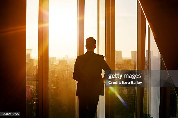 businessman looking out over city at sunrise - look back stock pictures, royalty-free photos & images