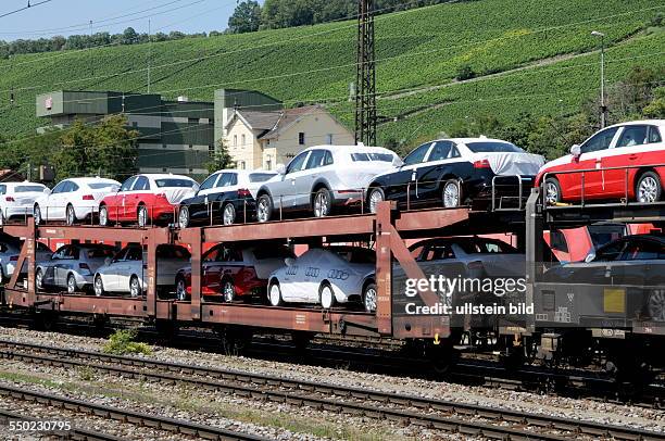 Transport train with brand new cars of the brand 'Audi' near Würzburg