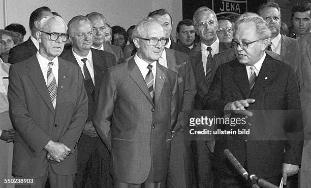 Leipzig Trade Fair, from left, Willy Stoph , Erich Honecker, General Secretary of the Central Committee of the Socialist Unity Party of Germany, and...