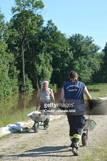 Freiwillige Helfer verstärken mit Sandsäcken Deiche nahe Löderitz in Sachsen - Anhalt