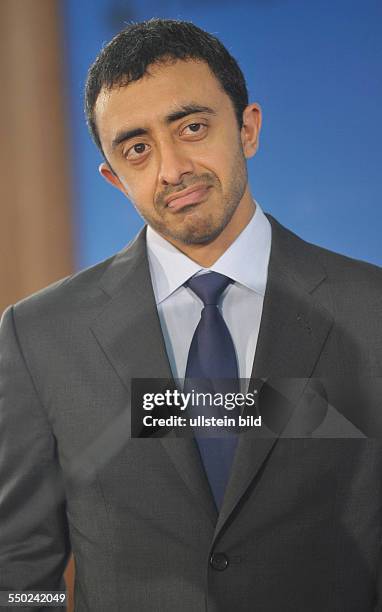 Außemnister der Vereinigten Arabischen Emirate Abdullah bin Zayed Al-Nahyan während einer Pressekonferenz anlässlich der Vertragsunterzeichnung des...